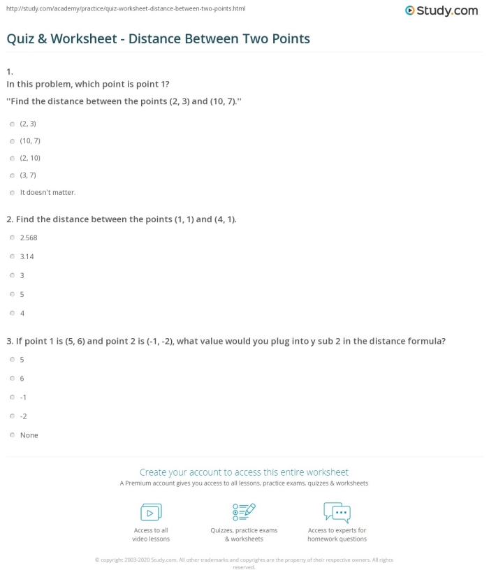 Eighth grade geometry worksheet featuring practice problems for calculating the diagonal distance between two points on a coordinate plane
