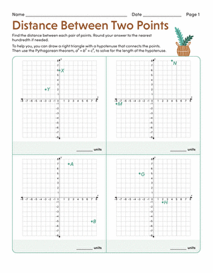 Eighth grade geometry worksheet illustrating how to calculate the distance between two points on a coordinate plane using the Pythagorean theorem
