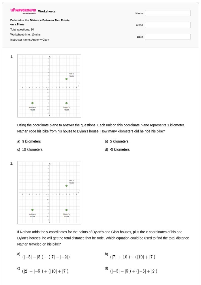 Practice worksheet showing Pythagorean theorem calculations for finding distances between coordinate points Eighth grade student solving distance between two points problems using the Pythagorean theorem on a coordinate plane worksheet