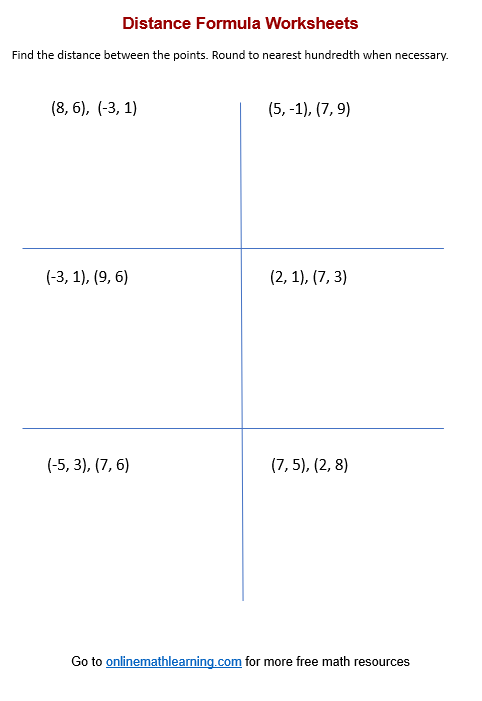 Eighth grade geometry worksheet focused on calculating the diagonal distance between two coordinates