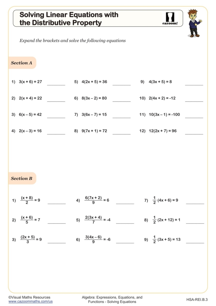 Practice worksheet example showing distributive property steps for solving equations Eighth grade student solving algebraic equations using the distributive property of multiplication
