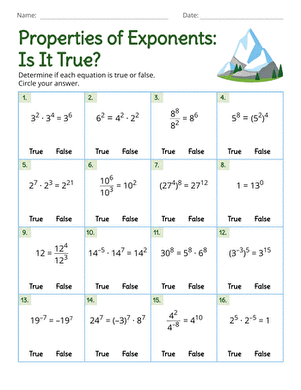 Properties of Exponents: True or False worksheet for Eighth Grade