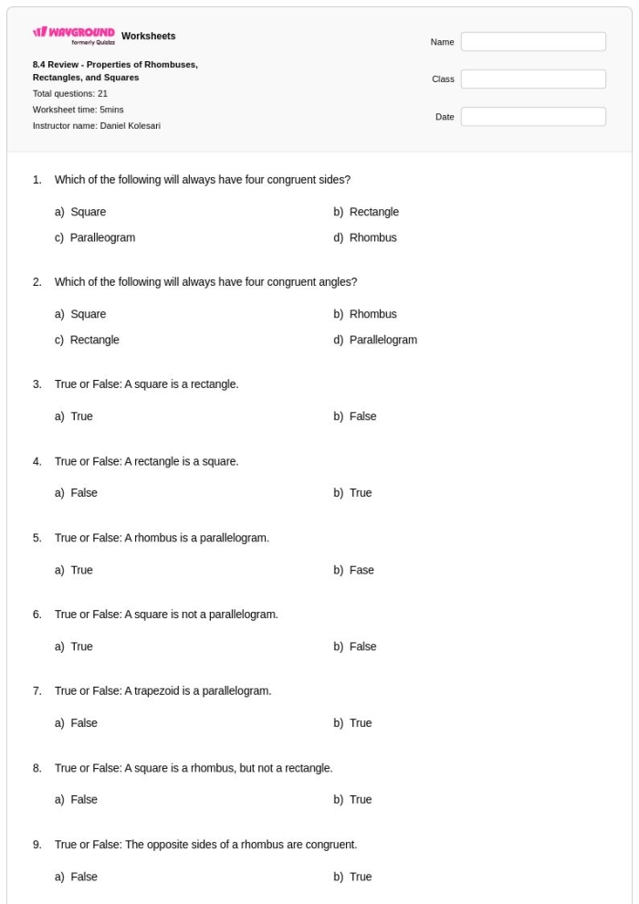 Eighth grade math worksheet focusing on evaluating true or false statements involving fraction exponent properties