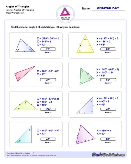 Eighth grade geometry worksheet featuring triangle problems where students solve for variables using the Exterior Angle Theorem