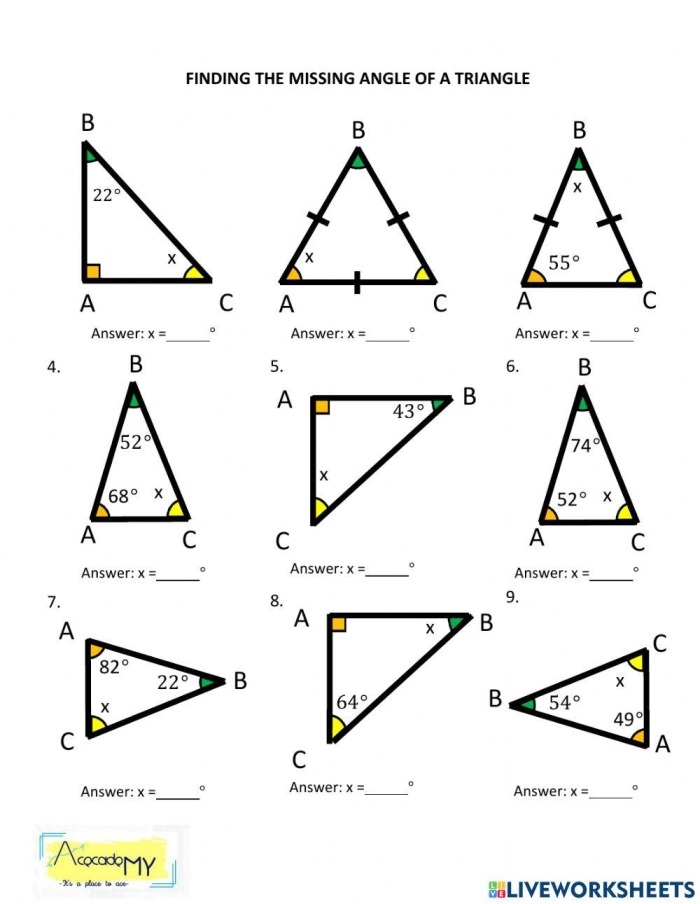 Eighth grade math worksheet showing geometry problems that require solving for variables using exterior triangle angle theorems