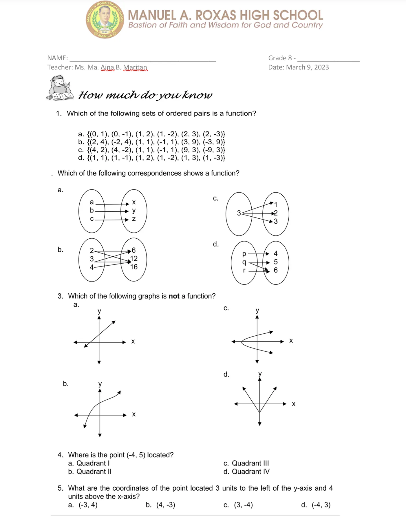 Eighth grade student matching word problem stories to function relationship graphs on algebra worksheet