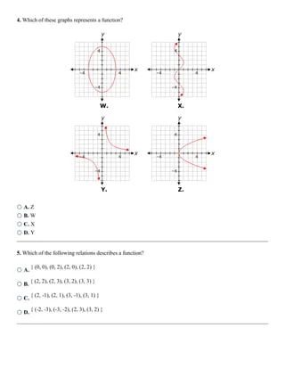 Eighth grade math worksheet showing examples of describing function relationships with graphs and word problems