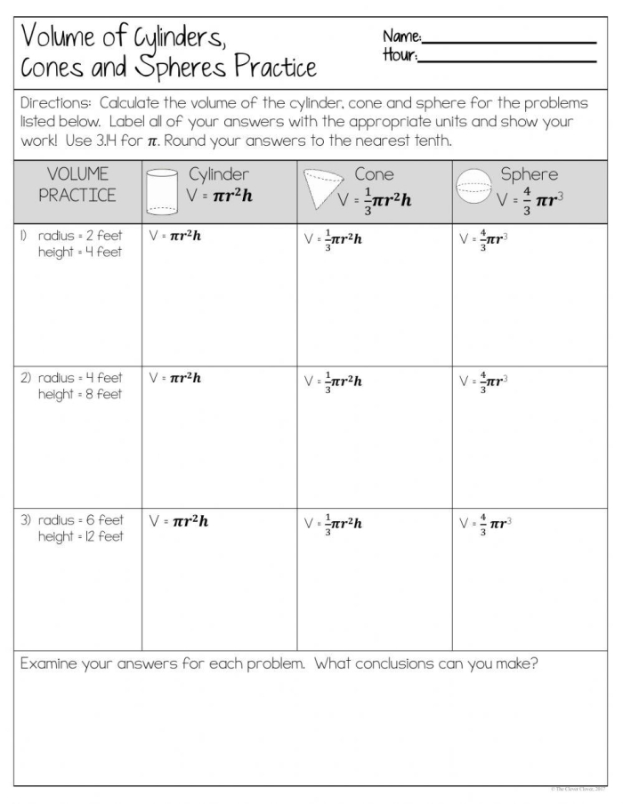 One-page worksheet illustrating how to calculate the volume of cylinders, cones, and spheres for eighth-grade students