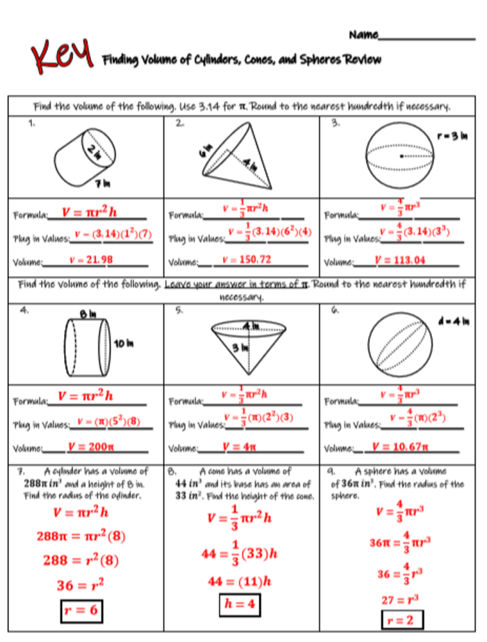 Worksheet illustrating the volume calculations for cylinders, cones, and spheres for eighth-grade students