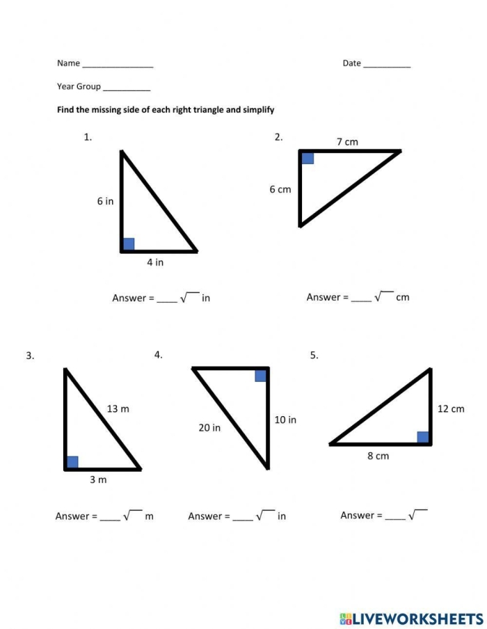 Eighth grade geometry worksheet featuring right triangle problems to calculate the missing hypotenuse