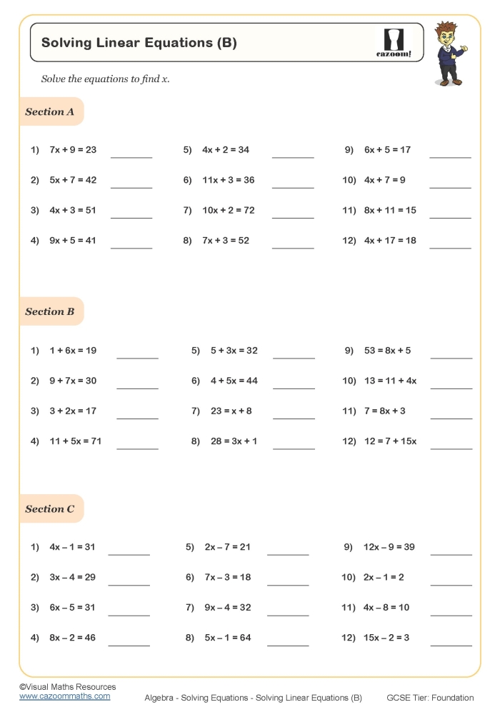 Solutions to Linear Equations Practice Worksheet Seven Eighth grade algebra worksheet focusing on determining the number of solutions for linear equations