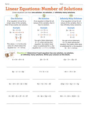 Solutions to Linear Equations Practice Worksheet for 8th Grade Math Eighth grade worksheet featuring multiple linear equations for students to determine the number of solutions