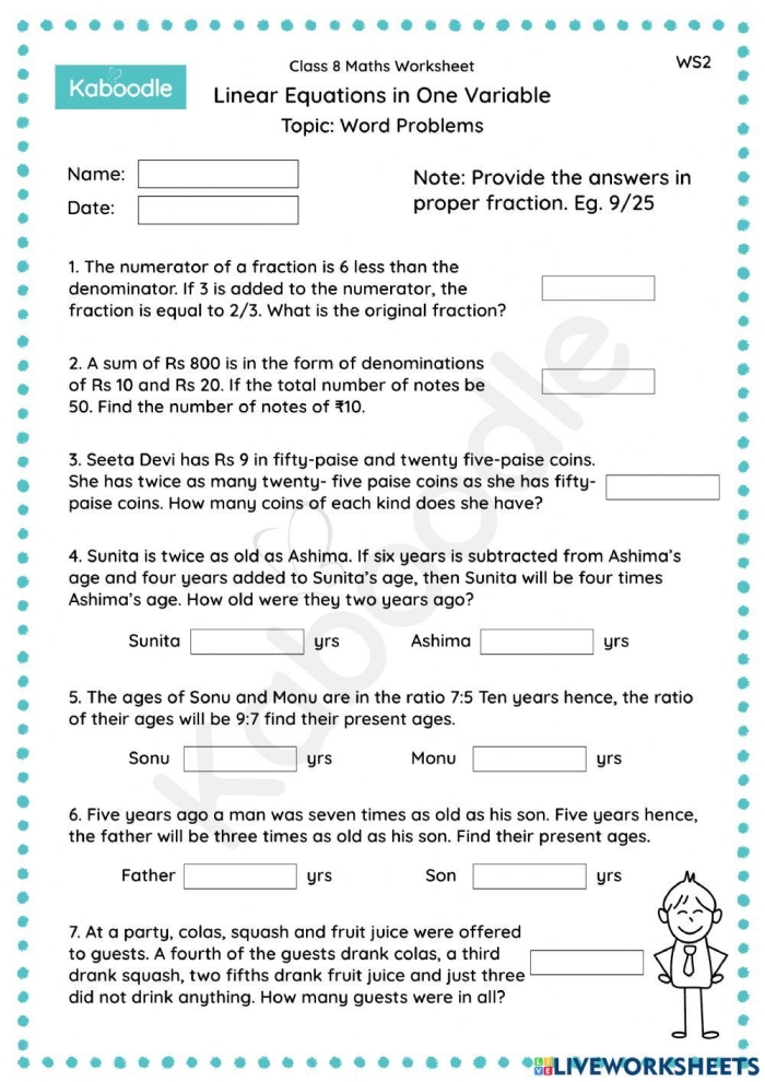 Worksheet featuring linear function word problems for eighth graders
