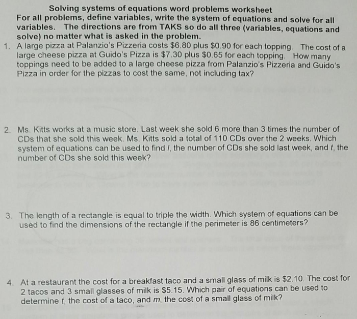 Systems of Linear Equations Word Problem Worksheet for Algebra Practice Eighth grade student solving a systems of linear equations word problem involving addition with two variables
