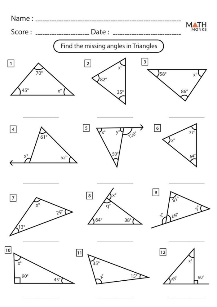 Eighth grade geometry worksheet featuring triangles with missing angles to solve