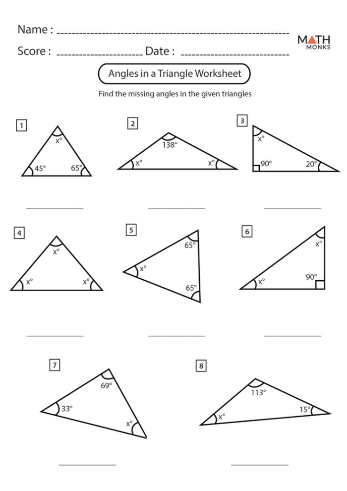 Eighth grade math worksheet showing examples of calculating missing interior angles in triangles