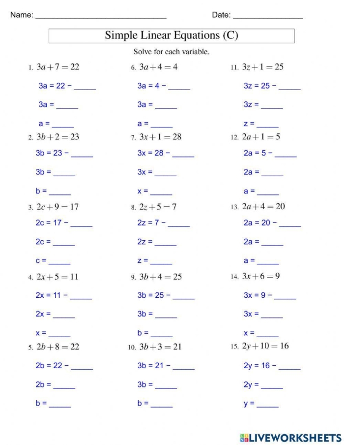 Eighth grade math student working on a worksheet about solving multi-step equations part one