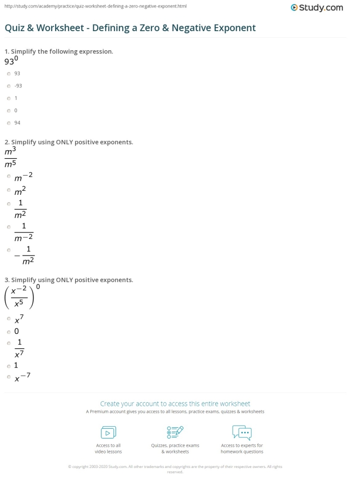 Negative and Zero Exponents Worksheet for Eighth Grade Students Worksheet for understanding negative and zero exponents in eighth-grade math