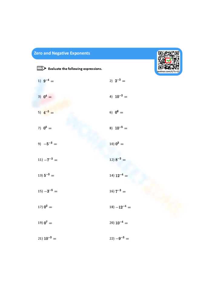 Eighth Grade Math Worksheet: Understanding Negative and Zero Exponent Properties Worksheet on Negative and Zero Exponents for eighth-grade students