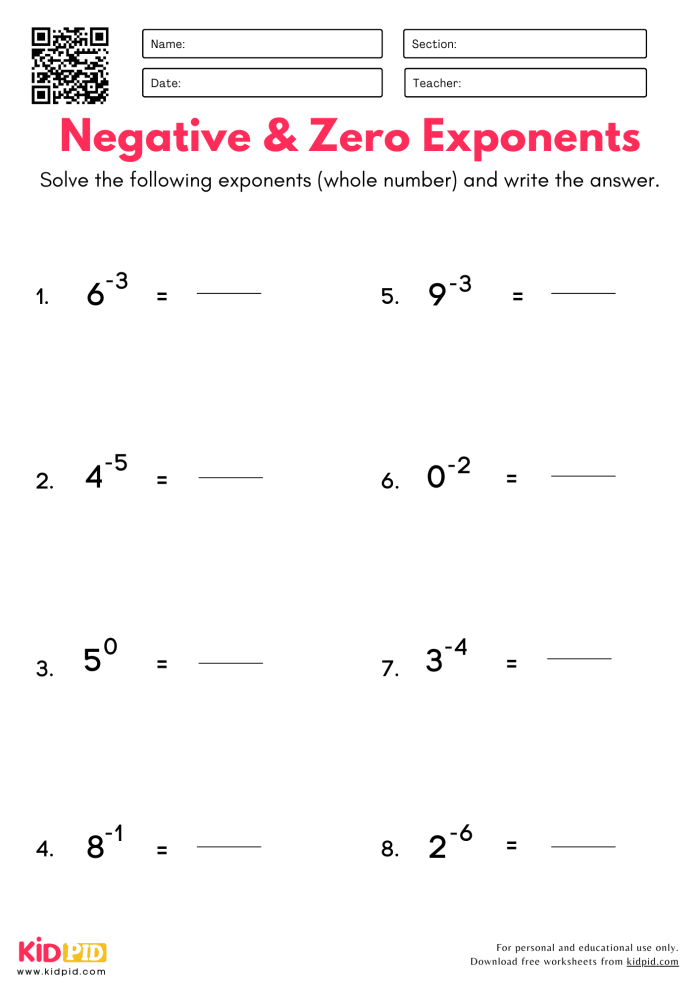 Negative and Zero Exponents Practice Worksheet for Grade 8 Math 6 Eighth grade math worksheet focusing on solving expressions with negative and zero exponents