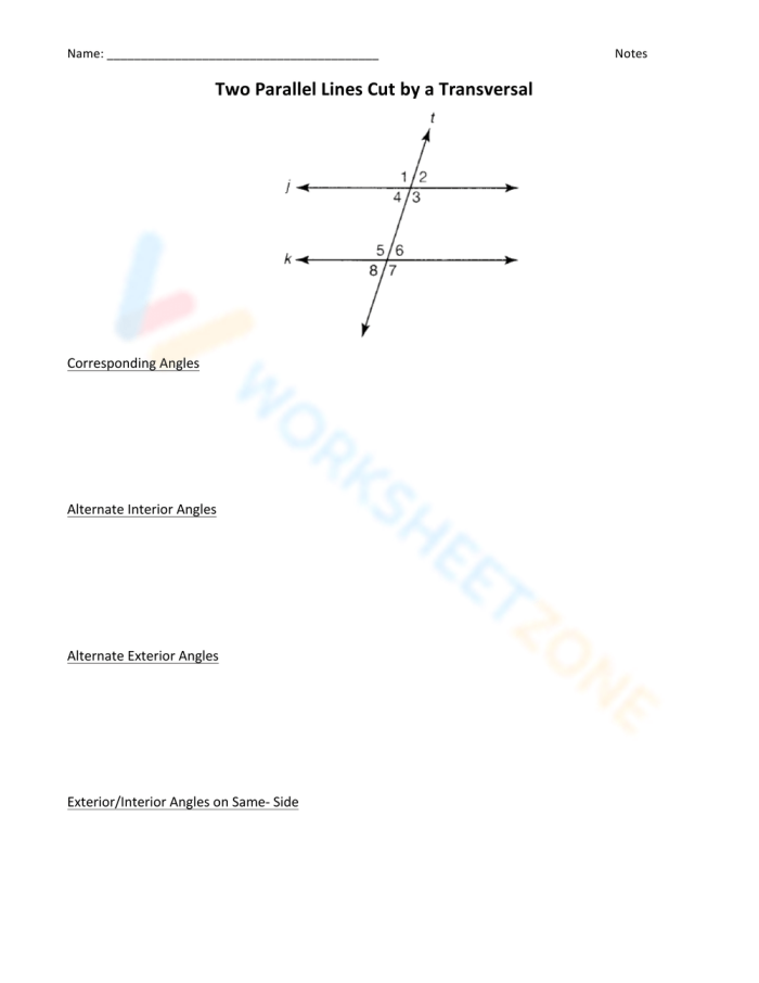Eighth grade geometry worksheet featuring parallel lines intersected by a transversal for angle pair identification