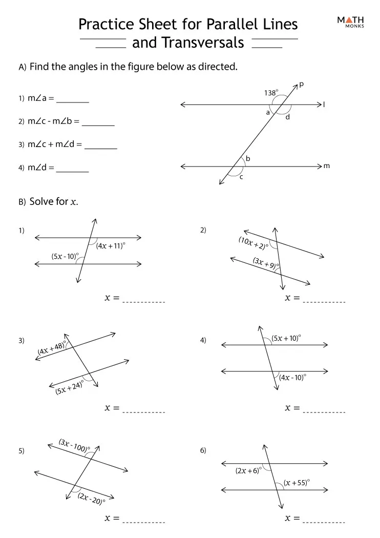 Transversals of Parallel Lines Geometry Practice Worksheet Eighth grade geometry worksheet featuring a diagram of parallel lines intersected by a transversal for angle practice