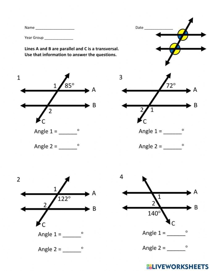 Worksheet illustrating parallel lines intersected by a transversal for eighth-grade geometry students