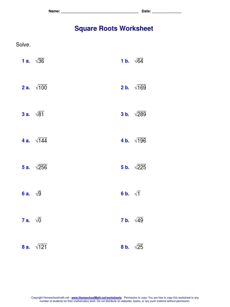 Eighth grade math worksheet featuring problems for calculating square roots of perfect squares