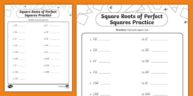 Eighth grade student working on a math worksheet involving square roots of perfect squares