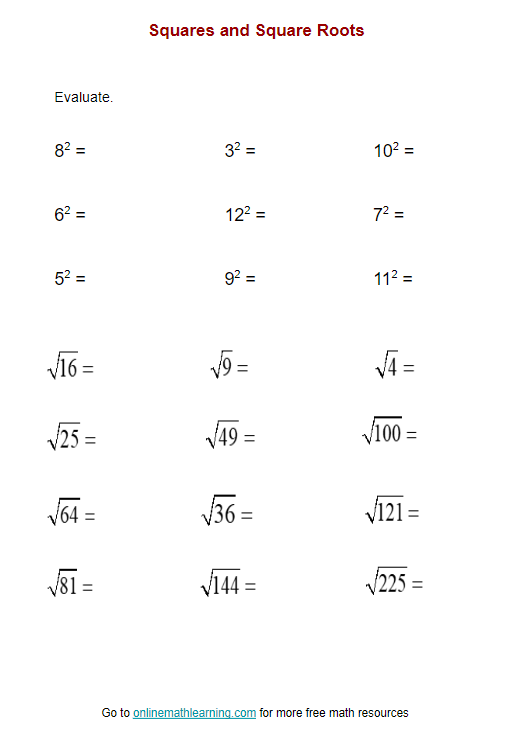 Eighth grade math worksheet focusing on calculating the square roots of various perfect squares