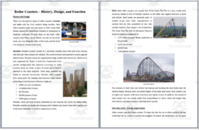 Worksheet illustrating the physics concepts involved in roller coasters for eighth-grade students