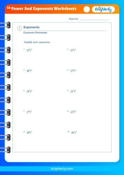 Power of a Power worksheet for eighth-grade students focusing on simplifying expressions with exponents