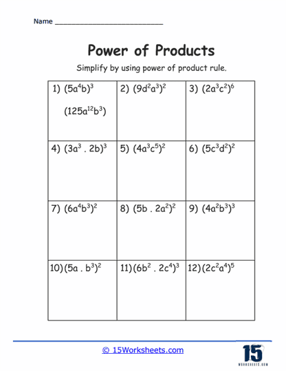 Eighth grade student solving product of powers algebra problems on a practice worksheet with exponent rules