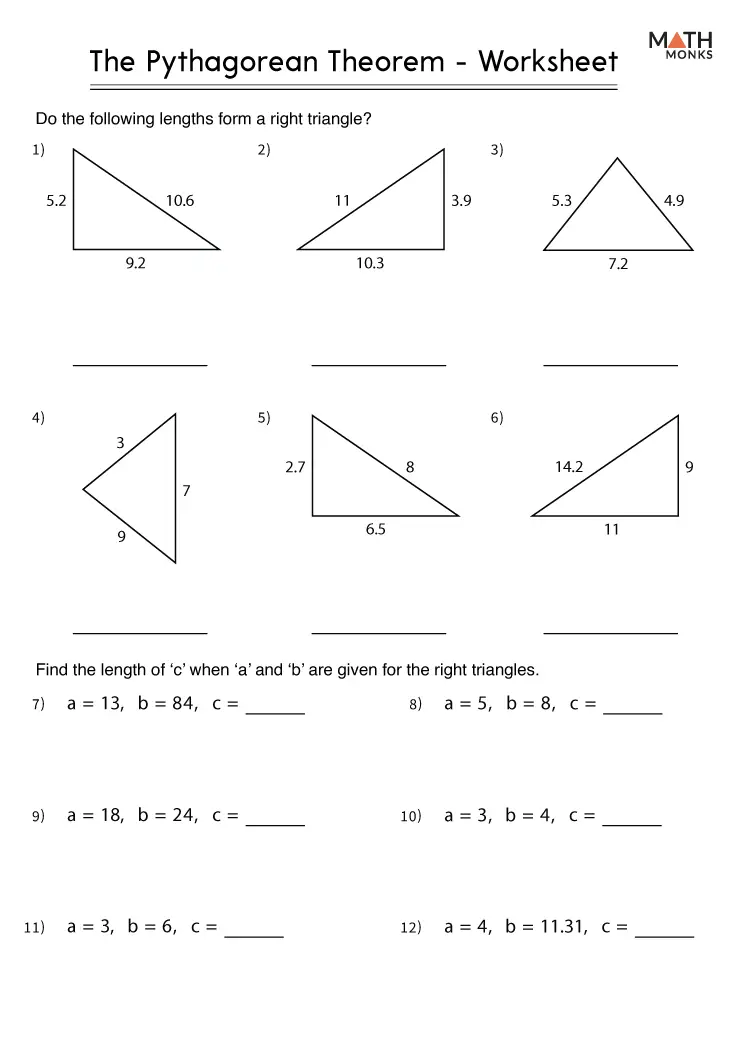 Pythagorean Theorem handout worksheet for eighth-grade geometry students