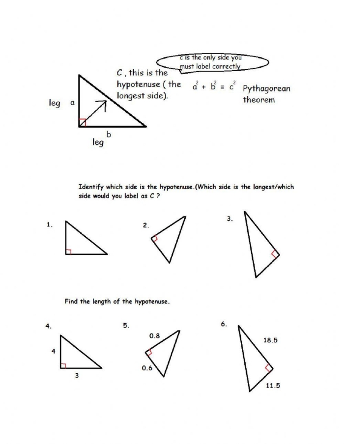Eighth grade student solving for missing leg of right triangle using Pythagorean theorem equation on geometry worksheet page 19