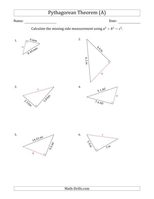 Worksheet featuring the Pythagorean theorem for eighth-grade students practicing right triangles