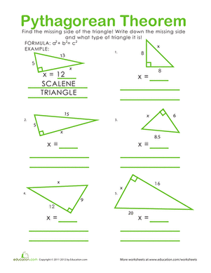 Eighth grade geometry worksheet featuring various right triangles to practice calculating missing leg and hypotenuse lengths with the Pythagorean theorem