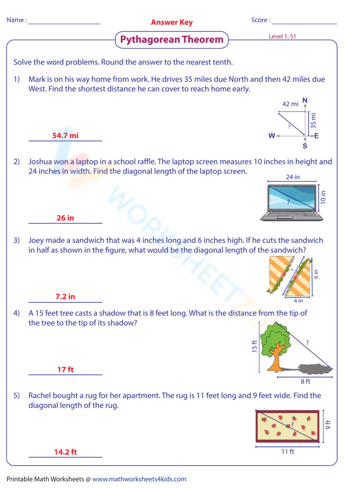 Eighth-grade geometry worksheet featuring Pythagorean theorem word problems for real-life application