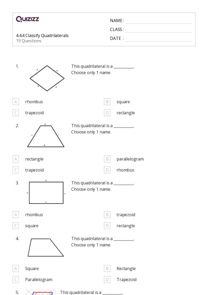 Worksheet featuring quadrilaterals with missing angle measurements for geometry practice
