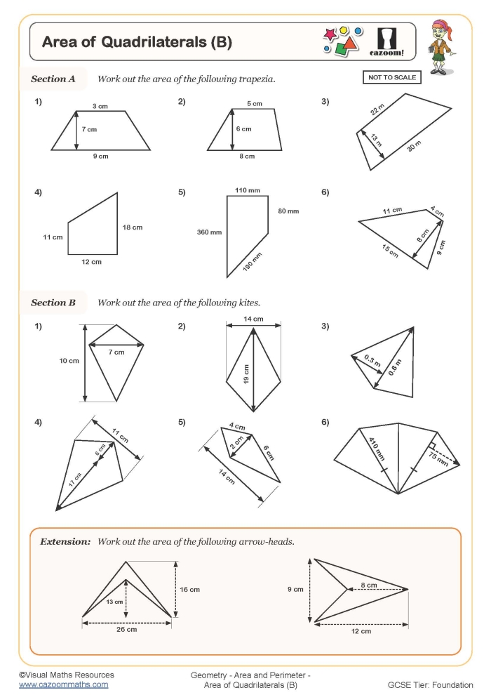 Eighth grade geometry worksheet featuring problems to solve for missing angles in quadrilaterals