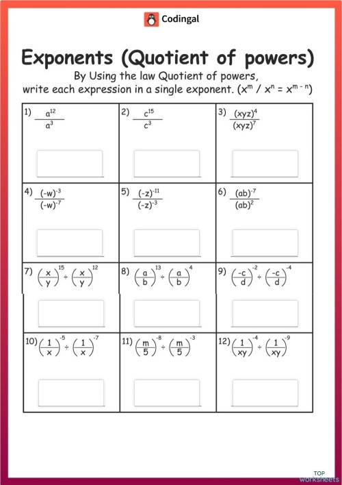 Eighth grade math worksheet showing quotient of powers division expressions with exponents to simplify using the power property