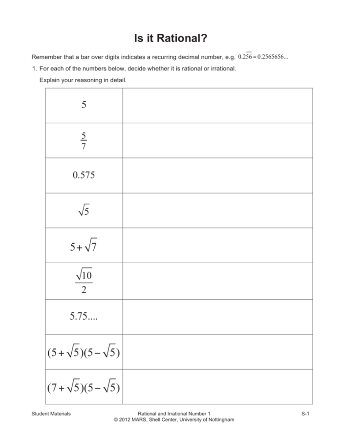 Eighth grade math worksheet showing examples of rational and irrational numbers with practice problems for students to classify each number type