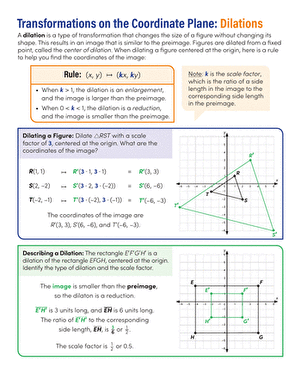 Eighth grade student worksheet showing coordinate plane with reflected geometric shapes and reflection examples