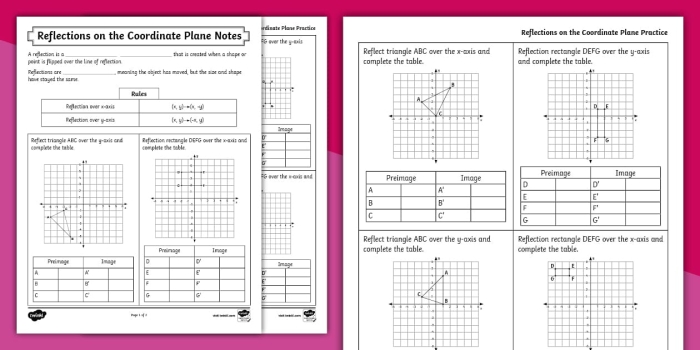 Eighth grade geometry worksheet featuring coordinate plane reflections exercises