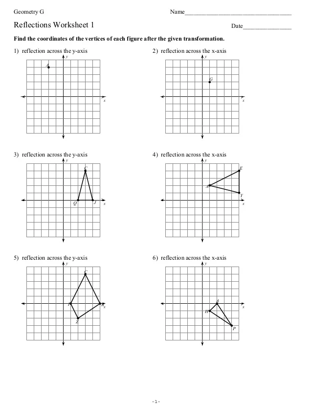 Eighth grade math worksheet showing a coordinate plane grid with geometric reflection examples