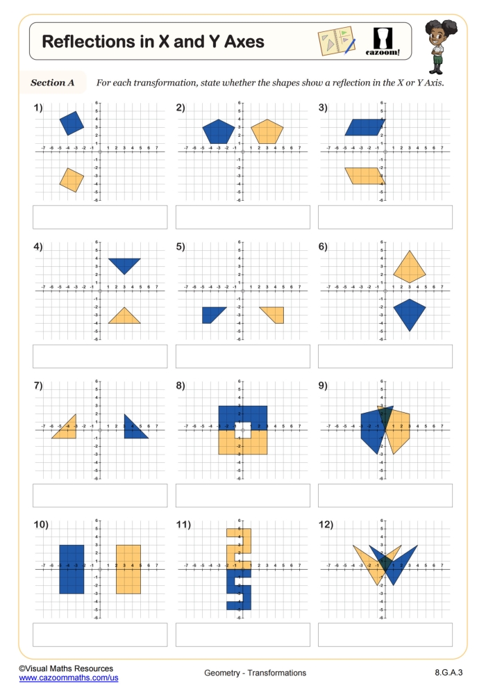 Eighth grade geometry worksheet featuring coordinate plane reflection practice problems