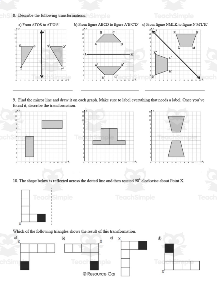 Describing Reflections Geometry Practice Worksheet 15 Eighth grade geometry worksheet featuring coordinate plane problems for practicing reflections