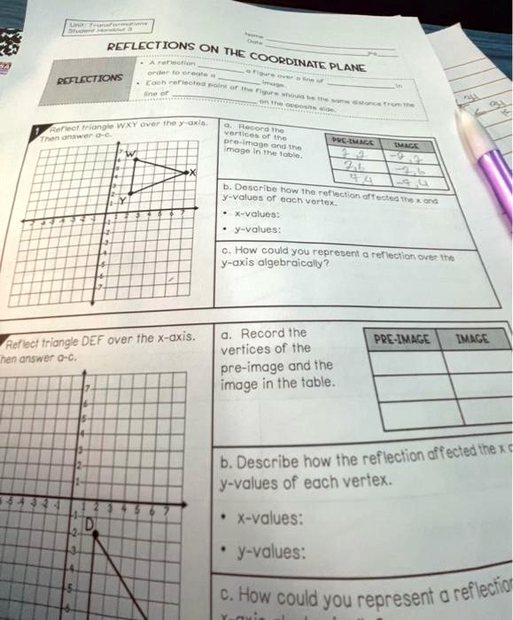 Eighth grade geometry worksheet featuring coordinate plane reflection practice problems