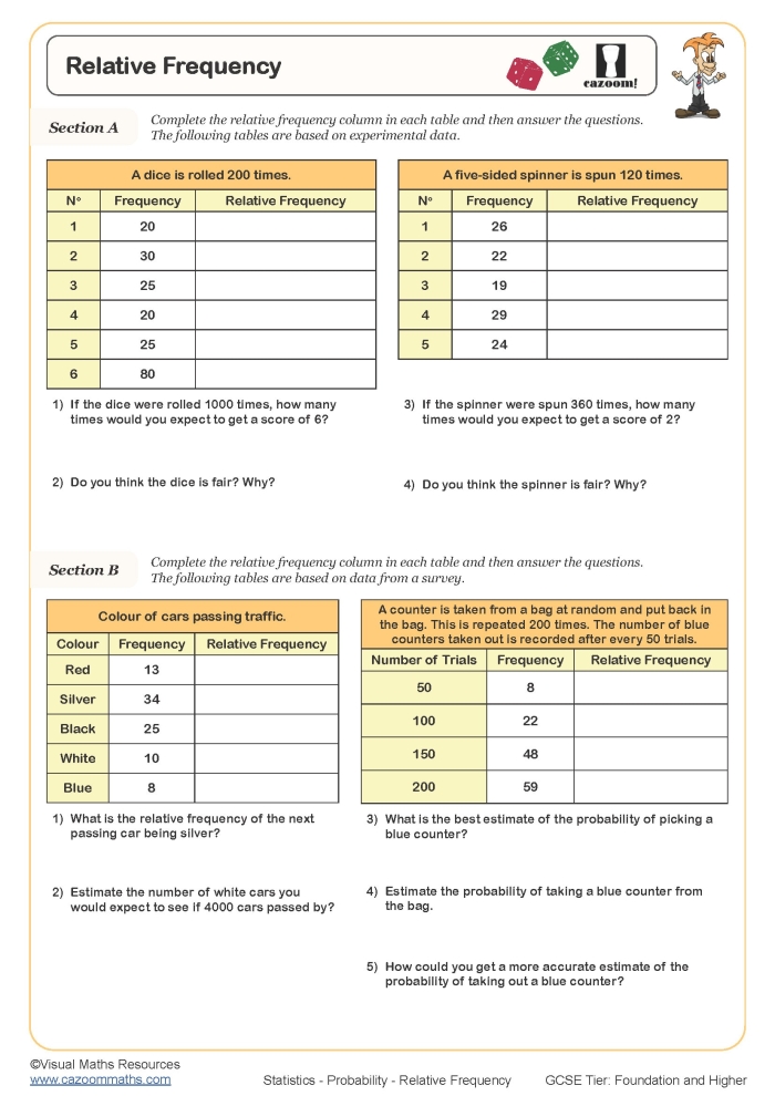 Eighth grade math worksheet for practicing how to build two-way relative frequency tables using real-world data