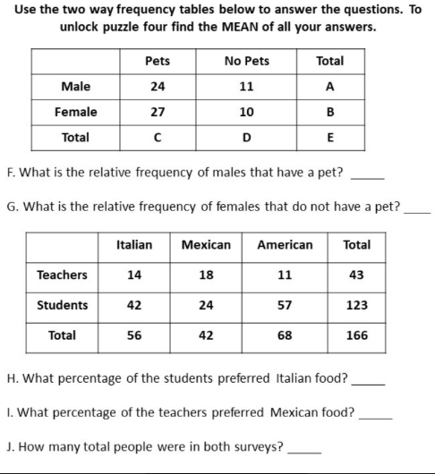 Eighth grade math student completing a worksheet on constructing two-way relative frequency tables